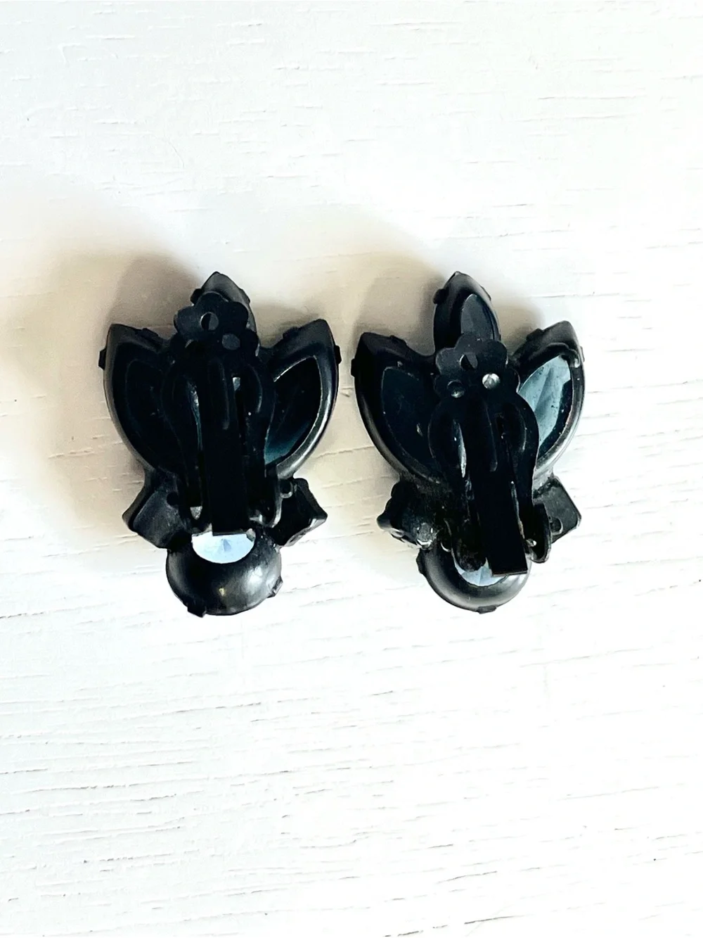Vintage Blue Teal Rhinestone Clip Earrings Black Japanned Navette MCM Art Deco